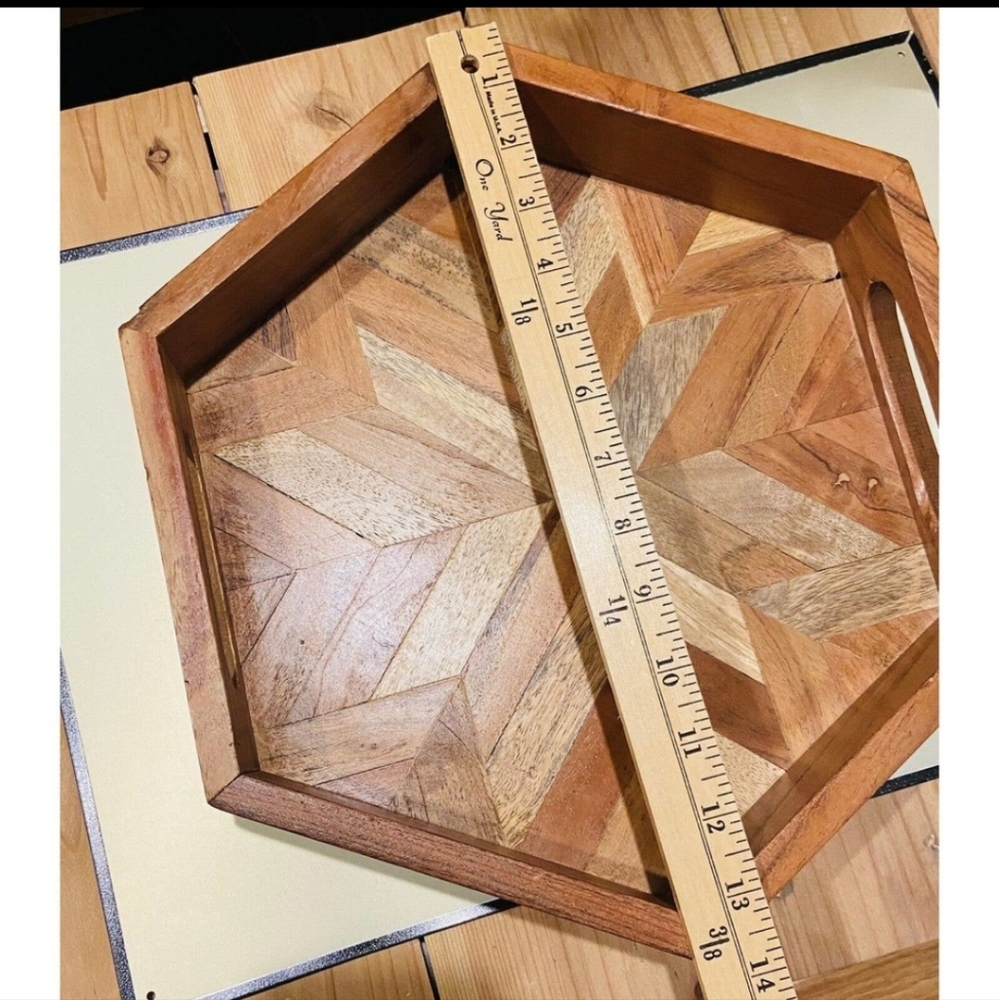 Vintage Marquetry Tray Solid Wood Hexagon Cottagecore Decor Serving Tray